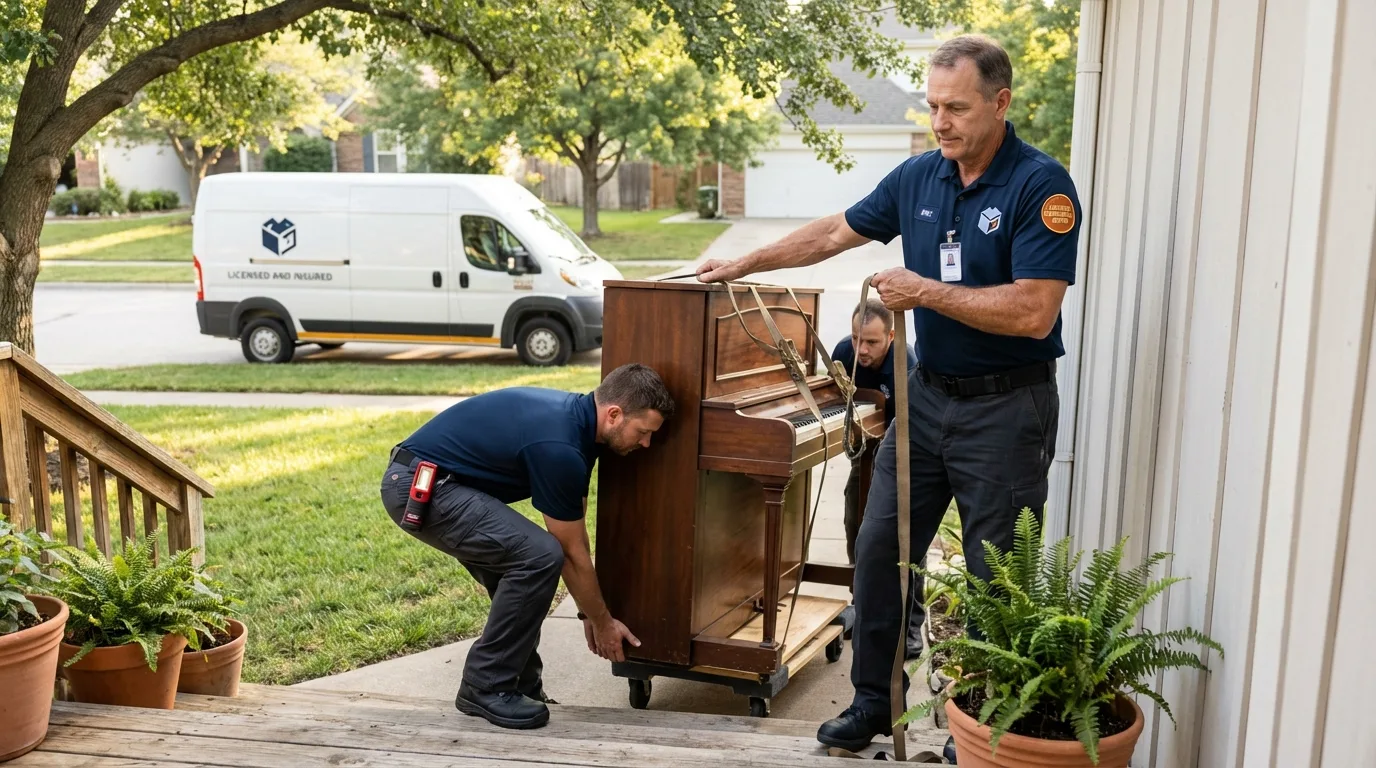 Licensed piano movers securing grand piano in Eunice, NM