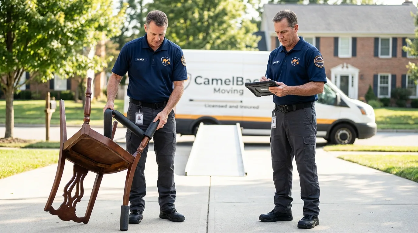 Movers inspecting furniture for damage prevention before loading in Eunice, NM
