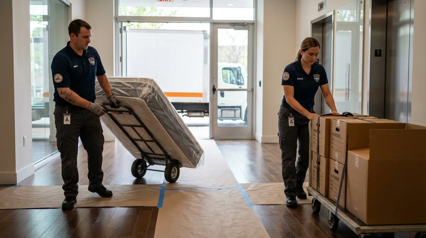 Professional apartment movers loading elevator in Eunice, NM