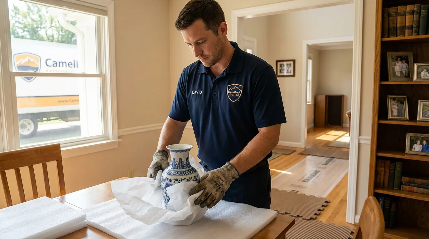 Professional crew carefully wrapping antique vase for senior downsizing move in Eunice, NM